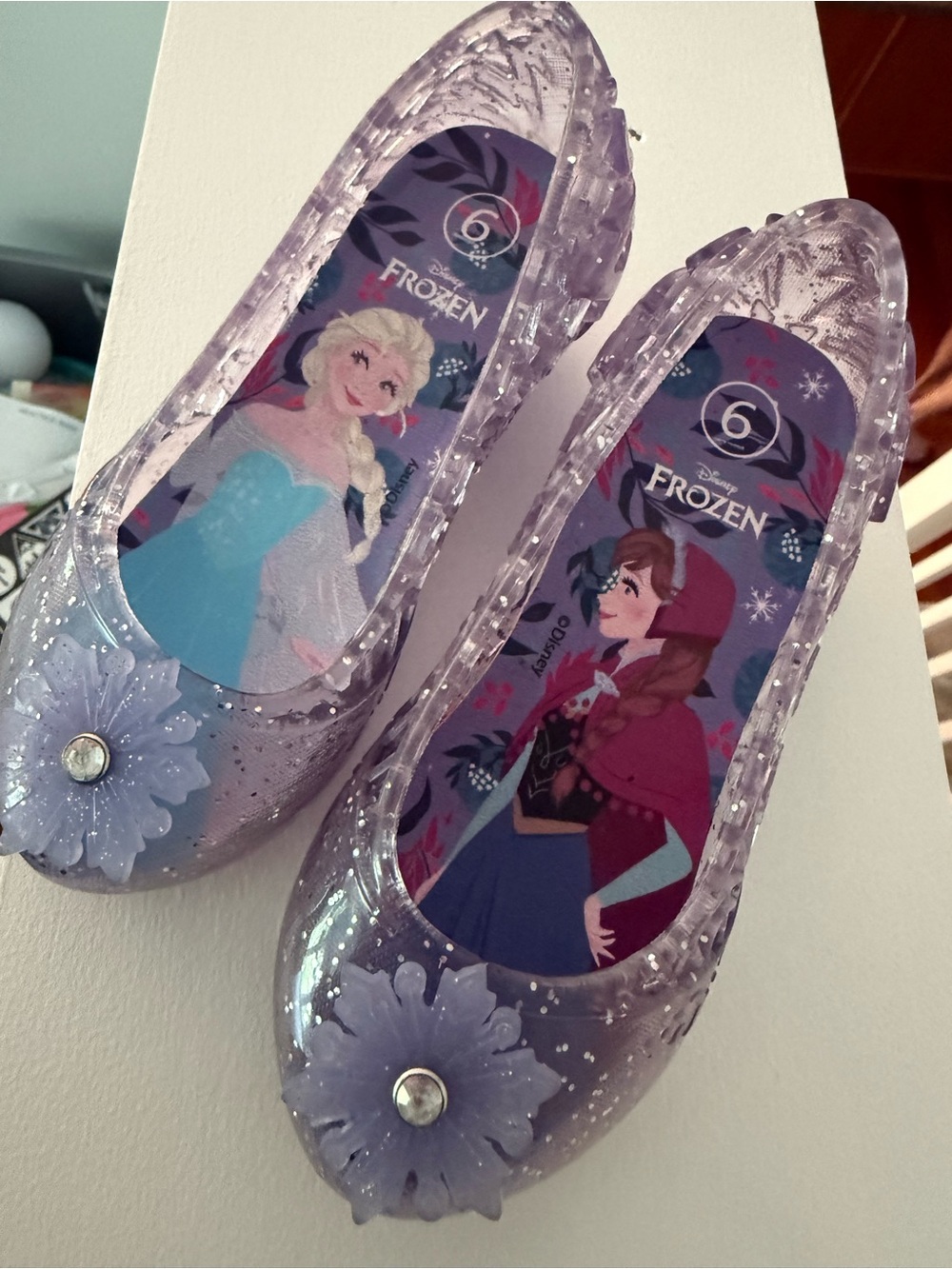 Disney Frozen Girls' Purple Glitter Jelly Dress Shoes with Flower Accent